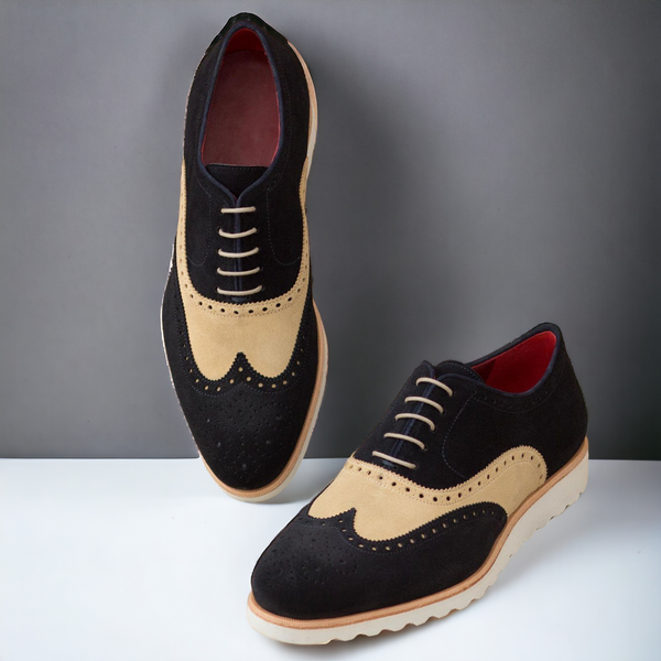 Ambrogio Bespoke Custom Men's Shoes Sand & Navy Suede Leather Full Brogue Oxfords (AMB2110)-AmbrogioShoes