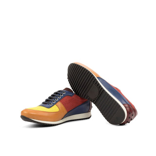Ambrogio Bespoke Custom Mustard, Red, Burgundy, Cognac & Navy Fabric / Suede / Leather Casual Sneakers (AMB1955)