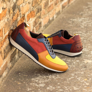 Ambrogio Bespoke Custom Mustard, Red, Burgundy, Cognac & Navy Fabric / Suede / Leather Casual Sneakers (AMB1955)