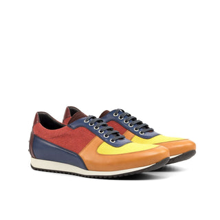 Ambrogio Bespoke Custom Mustard, Red, Burgundy, Cognac & Navy Fabric / Suede / Leather Casual Sneakers (AMB1955)