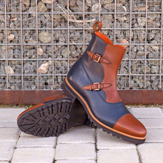Ambrogio Bespoke Custom Navy & Brown Leather Buckle Boots (AMB1949)