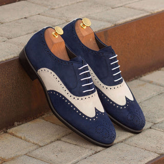 Ambrogio Bespoke Custom Navy & White Suede Full Brogue Oxfords (AMB2129)