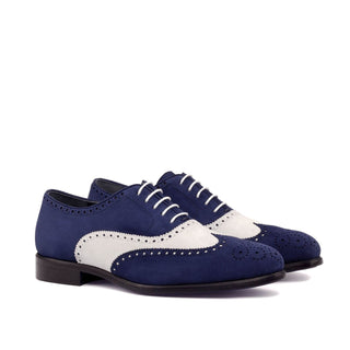 Ambrogio Bespoke Custom Navy & White Suede Full Brogue Oxfords (AMB2129)