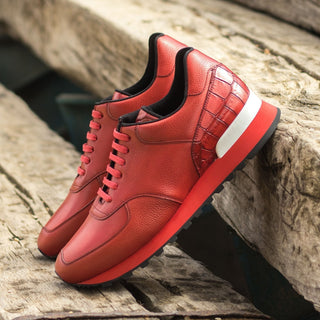 Ambrogio Bespoke Custom Red Crocodile Embossed / Full Grain Leather Jogger Sneakers (AMB2201)