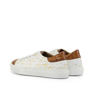 Ambrogio Bespoke Custom White, Cognac & Brown Crocodile Embossed / Leather Stencil Trainer Sneakers (AMB2224)