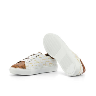 Ambrogio Bespoke Custom White, Cognac & Brown Crocodile Embossed / Leather Stencil Trainer Sneakers (AMB2224)