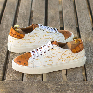 Ambrogio Bespoke Custom White, Cognac & Brown Crocodile Embossed / Leather Stencil Trainer Sneakers (AMB2224)