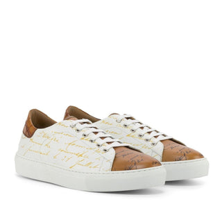 Ambrogio Bespoke Custom White, Cognac & Brown Crocodile Embossed / Leather Stencil Trainer Sneakers (AMB2224)