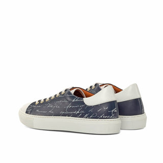Ambrogio Bespoke Custom White & Navy Leather Stencil Trainer Sneakers (AMB2223)