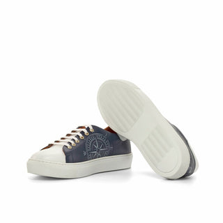 Ambrogio Bespoke Custom White & Navy Leather Stencil Trainer Sneakers (AMB2223)