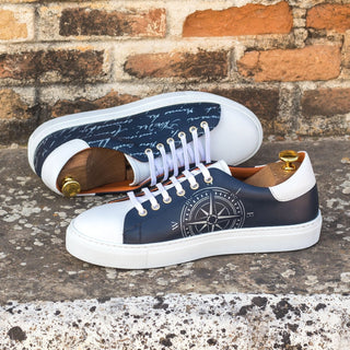 Ambrogio Bespoke Custom White & Navy Leather Stencil Trainer Sneakers (AMB2223)