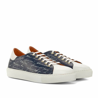 Ambrogio Bespoke Custom White & Navy Leather Stencil Trainer Sneakers (AMB2223)