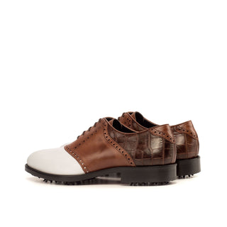 Ambrogio Bespoke Custom White & Two-Tone Brown Crocodile Embossed / Pebble Grain / Leather Fabric Golf Oxfords (AMB1973)