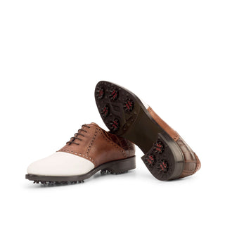 Ambrogio Bespoke Custom White & Two-Tone Brown Crocodile Embossed / Pebble Grain / Leather Fabric Golf Oxfords (AMB1973)