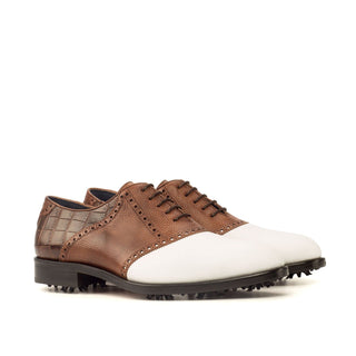 Ambrogio Bespoke Custom White & Two-Tone Brown Crocodile Embossed / Pebble Grain / Leather Fabric Golf Oxfords (AMB1973)