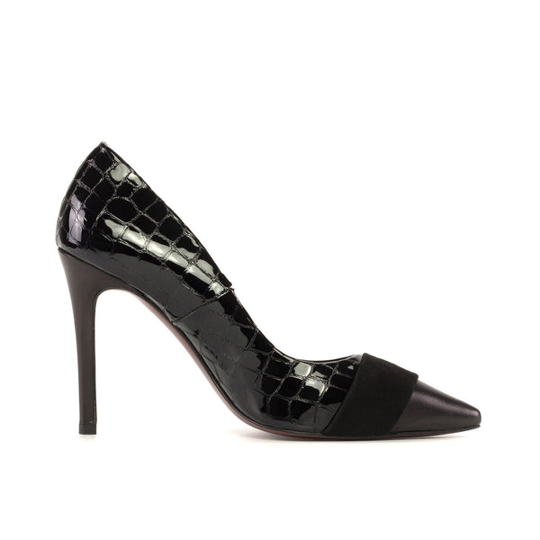 Ambrogio Bespoke Custom Women's Shoes Black Crocodile Print / Suede / Nappa Leather Milan Pump (AMBW1127)-AmbrogioShoes