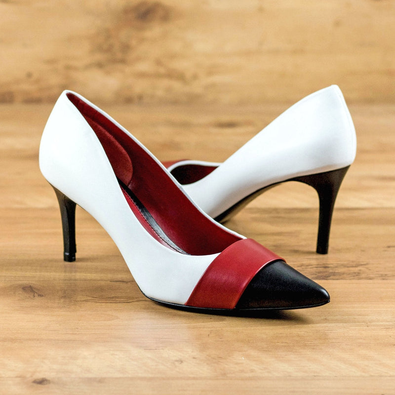 Ambrogio Bespoke Custom Women's Shoes White, Red & Black Nappa Kaiser Leather Classic Milan Pump (AMBW1108)-AmbrogioShoes