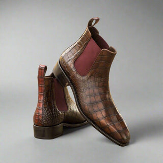 Ambrogio Bespoke Dark Brown & Burgundy Crocodile Embossed / Leather Chelsea Boots (AMB1809)