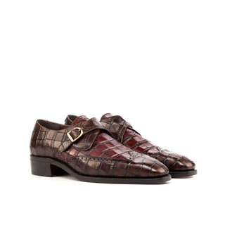 Ambrogio Bespoke Dark Brown & Burgundy Crocodile Embossed / Leather Monk Strap (AMB1807)