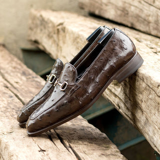 Ambrogio Bespoke Dark Brown Ostrich Horsebit Loafers (AMB2432)