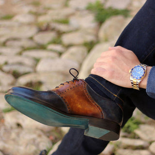 Ambrogio Bespoke Denim Blue & Cognac Patina Leather Saddle Oxfords (AMB1744)