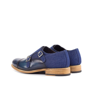 Ambrogio Bespoke Denim & Jeans Fabric / Patina Leather Monk-Straps Loafers (AMB1817)