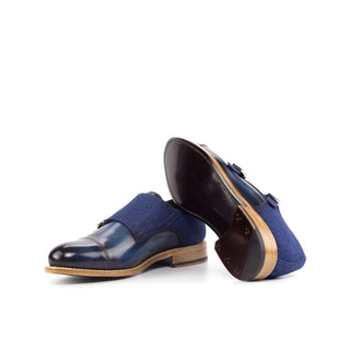 Ambrogio Bespoke Denim & Jeans Fabric / Patina Leather Monk-Straps Loafers (AMB1817)