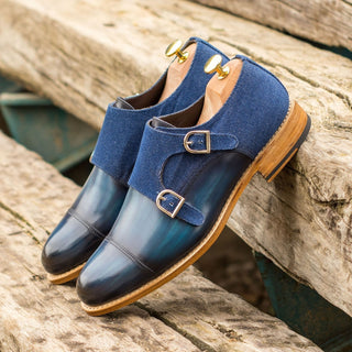Ambrogio Bespoke Denim & Jeans Fabric / Patina Leather Monk-Straps Loafers (AMB1817)
