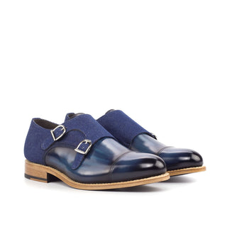 Ambrogio Bespoke Denim & Jeans Fabric / Patina Leather Monk-Straps Loafers (AMB1817)