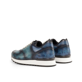 Ambrogio Bespoke Denim & Turquoise Patina Leather Jogger Sneakers (AMB2250)