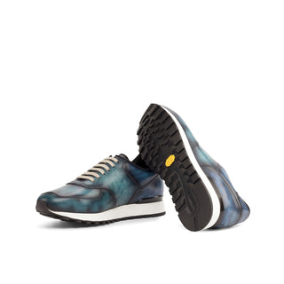 Ambrogio Bespoke Denim & Turquoise Patina Leather Jogger Sneakers (AMB2250)