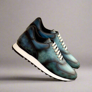 Ambrogio Bespoke Denim & Turquoise Patina Leather Jogger Sneakers (AMB2250)