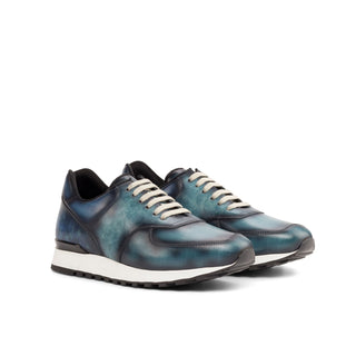 Ambrogio Bespoke Denim & Turquoise Patina Leather Jogger Sneakers (AMB2250)