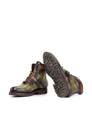 Ambrogio Handmade Fire & Green Patina Leather Hiking Boots (AMB2514)-AmbrogioShoes