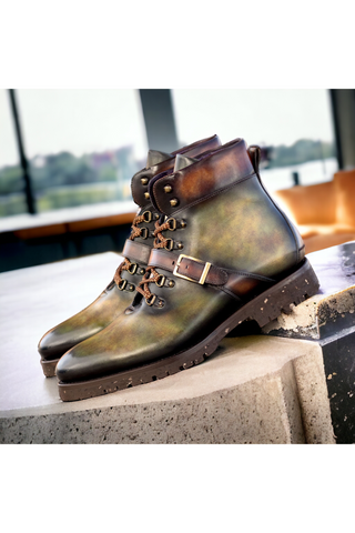 Ambrogio Handmade Fire & Green Patina Leather Hiking Boots (AMB2514)-AmbrogioShoes