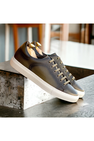 Ambrogio Bespoke Gray Calf-Skin / Woven Leather Trainer Sneakers (AMB2482)-AmbrogioShoes
