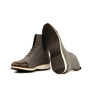 Ambrogio Bespoke Gray & Dark Brown Fabric / Leather Balmoral Boots (AMB1581)