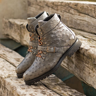 Ambrogio Bespoke Gray Ostrich Hiking Boots (AMB2354)