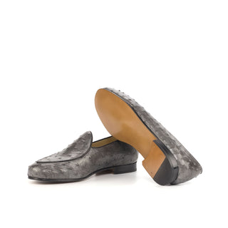 Ambrogio Bespoke Gray Ostrich / Leather Belgian Loafers (AMB1815)