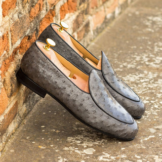 Ambrogio Bespoke Gray Ostrich / Leather Belgian Loafers (AMB1815)