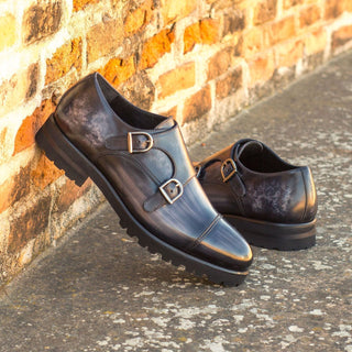 Ambrogio Bespoke Gray Patina Leather Monk-Straps Loafers (AMB1748)