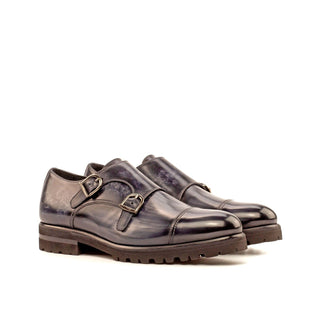 Ambrogio Bespoke Gray Patina Leather Monk-Straps Loafers (AMB1748)