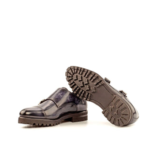 Ambrogio Bespoke Gray Patina Leather Monk-Straps Loafers (AMB1748)