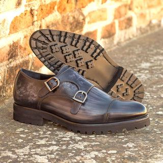 Ambrogio Bespoke Gray Patina Leather Monk-Straps Loafers (AMB1748)
