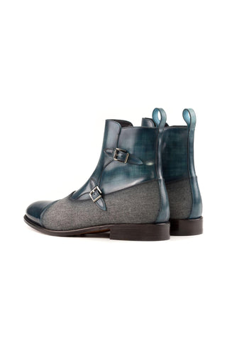 Ambrogio Bespoke Gray & Turquoise Flannel Fabric / Patina Leather Octavian Boots (AMB2433)-AmbrogioShoes