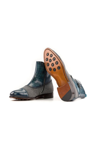 Ambrogio Bespoke Gray & Turquoise Flannel Fabric / Patina Leather Octavian Boots (AMB2433)-AmbrogioShoes