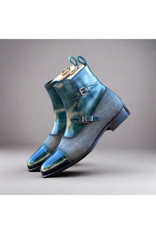 Ambrogio Bespoke Gray & Turquoise Flannel Fabric / Patina Leather Octavian Boots (AMB2433)-AmbrogioShoes