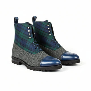 Ambrogio Bespoke Green, Black & Navy Fabric / Leather Balmoral Boots (AMB1840)