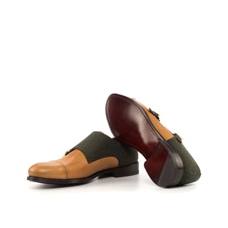 Ambrogio Bespoke Green & Cognac Fabric / Leather Monk-Straps Loafers (AMB1836)