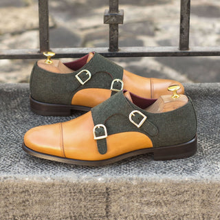Ambrogio Bespoke Green & Cognac Fabric / Leather Monk-Straps Loafers (AMB1836)